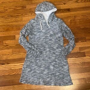 Medium grey sweater dress. Faux fur lined hood.